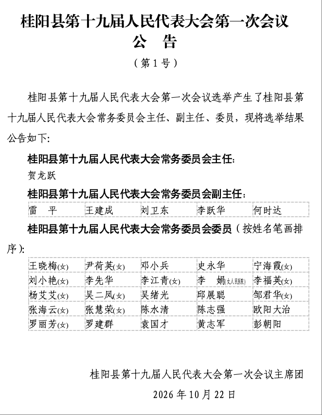 桂阳县第十九届人民代表大会第一次会议公告（第1号）
